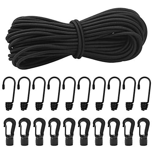 1/8" Bungee Shock Cords with Hooks,65 Feet Elastic Nylon Cords Kayak Stretch String Rope for Bikes,Tie Downs,Boating,Camping,Sunshades,Fitness and Outdoor Enthusiasts (1/4 inch x 65 feet, Black) - size: 1/4 inch x 65 feet, Black