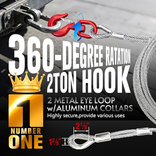 YATOINTO Galvanized Steel Winch Cable, 3/8" Towing Cable Heavy Duty, 13980LBS Breaking Strength, with Swivel Hook 2T and 2 Aluminum Rings, 6x19 Strand Core Steel Cable for Crane Tow Truck (50 FT) - size: Max Capacity:13980LBS