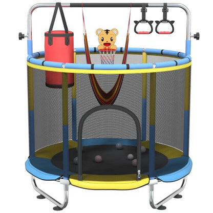 60" Toddler Trampoline for Age 2-4, 5ft Mini Kids Trampoline Indoor with Basketball Ball Adjustable Gymnastics Bar & Toys Swing Enclosure Net for Backyard ASTM Approved - color: Blue&Yellow