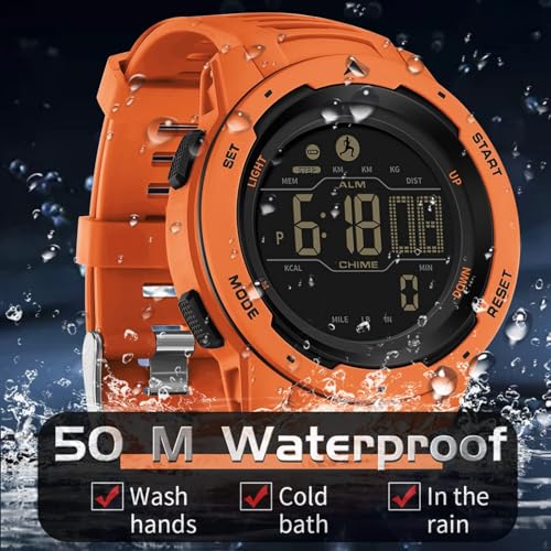 findtime Men's Digital Watch Waterproof Pedometer Watches Sport Watch Step Counter Calorie Military Watch with Stopwatch Alarm LED Backlight Countdown - color: orange