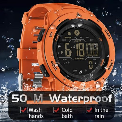 findtime Men's Digital Watch Waterproof Pedometer Watches Sport Watch Step Counter Calorie Military Watch with Stopwatch Alarm LED Backlight Countdown - color: orange