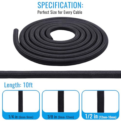 1/2" - 10Ft Split Braided Cable Sleeve, Wire Loom Tubing, Black - size: 1/2" - 10Ft
