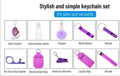 Personal Safety Keychain Set with Alarm, Pom Pom, Holder Pouch, 8-Piece Kit, Available in Pink, Purple, Sunflower Pattern - color: Purple