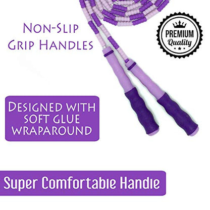 Jump Rope for Fitness, Home Work-Out; Adjustable with Anti-Slip Grip, Soft Plastic Beaded, Tangle-Free, Indoor and Outdoor Exercise (Purple)