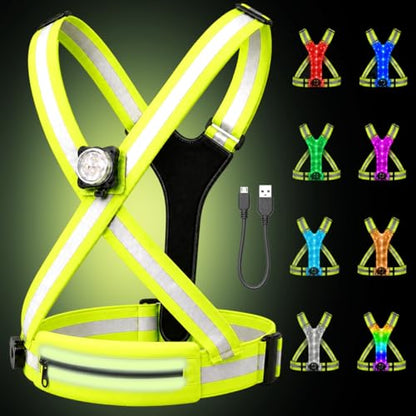 500LM Running Lights for Runners,7+8 Front & Back Light Modes & 360° Reflective Running Vest with Light Up Zip Waist Bag,IPX4 Waterproof High Visibility Rechargeable Gear for Night Walking/Cycling - color: green