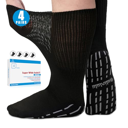 Bulinlulu Extra Width Diabetic Socks Men Women-4 Pairs Wide Edema Sock for Swollen Feet,Non Slip Cast Bariatric Socks 13-15 - color: Black