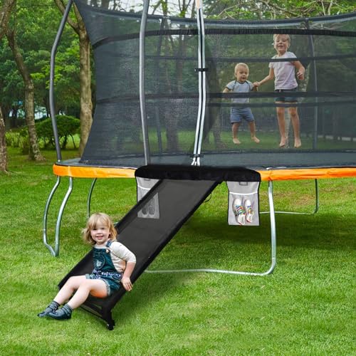 Eurmax USA Trampoline Safe Slide and Ladder for Kids, Universal Hook Design, UV-Resistant Steel and Fabric, Includes Shoe Storage Pocket, Universal Trampoline Accessories - style: Black-Slide w/ shoes pocket
