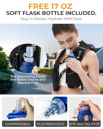 Running Vest for Women Men, Lightweight Hydration Runner Vest with Transparent Waterproof Phone Pocket, 17oz Soft Flask, Adjustable Chest Straps Reflective Backpack for Hiking Cycling Jogging