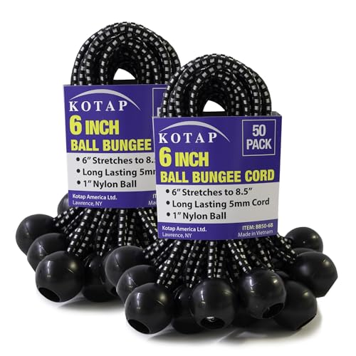 Kotap BB-6B Ball Bungee Cord, Heavy-Duty & Versatile, Indoor & Outdoor, Tarp Tie-Down, Organize & Secure, 6-Inch, Black, 50 Pack - size: 6 Inch, style: 50-Pack