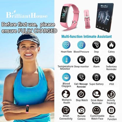 BrilliantHouse Fitness Tracker with Blood Pressure Heart Rate Oxygen Monitor, Activity Sleep & Temperature Smart Watch IP68 Waterproof Pedometer Step Counter for Kids Man Women S5 - color: Pink