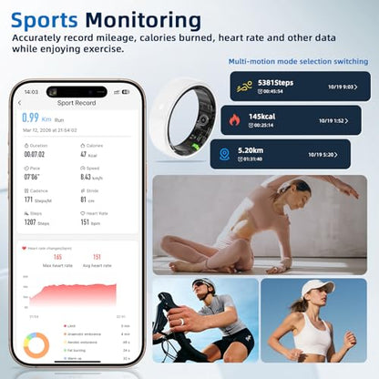 Smart Ring, Ceramics Fitness Tracker & Health Monitoring Ring with Heart Rate Sleep Tracking, Multi-Sport Activity Tracker, 5ATM Waterproof, iOS Android Compatible(White, 9) - size: 9