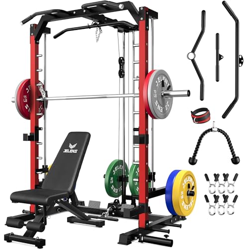 JELENS SR01 Smith Machine, 2000LBS Multi-Function Power Cage with LAT Pulldown System, All-in-One Home Gym Squat Rack with Smith Bar and Training Attachments for Full Body Workouts - color: Red, size: 260LB Colored Weights Package