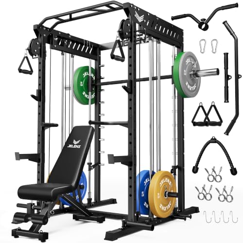 JELENS M21 Smith Machine, Multi-Function Power Cage with Dual Pulley Cable Crossover System, 2000LBS All-in-One Squat Rack with Smith Bar and Attachments - color: Black, size: 230LB Colored Weights Package