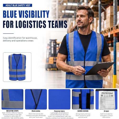 AYKRM 12 colour High visibility viz vest hi vis viz reflective work construction safety vest (XS-8XL) - color: Blue, size: 3X-Large
