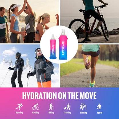 WRELS TPU Soft Flask Lightweight Portable Reusable Water Bottle,BPA Free Collapsible Flask for Hydration Pack in Running Hiking Cycling and Marathon - color: Rose Red&Dark Blue-250ml*2