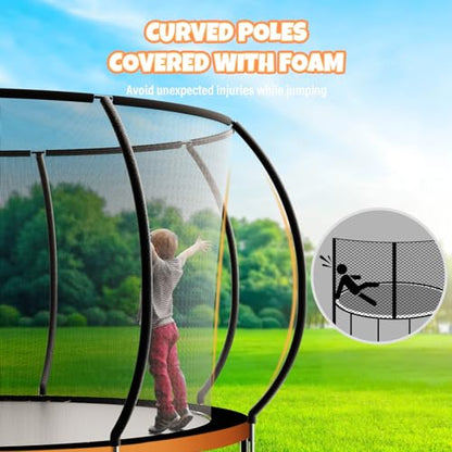 Kiivakii Trampoline 10FT 12FT 14FT 16 FT, Outdoor Trampolines for Kids and Adults, Recreational Trampolines with Curved Poles & Enclosure, ASTM Approval Round Trampoline for Backyard