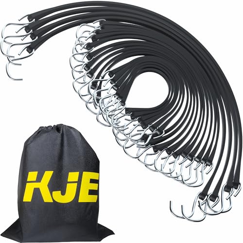 KJE 20Pack (15", 21", 31") Rubber Bungee Cords with S Hooks - Quality EPDM, Heavy Duty Black Bungee Straps, Ideal for Outdoor Tie Downs, Securing Tarps, Canvases, Cargo in Cold Hot Climates - size: (6)15"+(10)21"+(4)31"