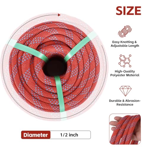 1/2in x 100ft Double Braided Arborist Rigging Rope, 48 Strands Polyester 8000LBS Heavy Duty Climbing Bull Rope for Tree Swing Rappelling Rescue Camping - size: 1/2in x 100ft, style: Red