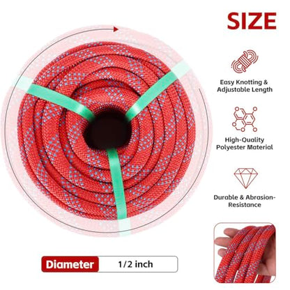 1/2in x 100ft Double Braided Arborist Rigging Rope, 48 Strands Polyester 8000LBS Heavy Duty Climbing Bull Rope for Tree Swing Rappelling Rescue Camping - size: 1/2in x 100ft, style: Red