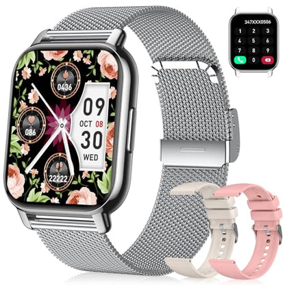 Smart Watch for Women(3 Bands), Fitness Tracker with Bluetooth Calls & AI Voice Control, 1.85’’ HD Screen, Heart Rate/SpO2 Monitor, Sleep Tracker, Compatible with Android iOS (Silver) - color: Silver