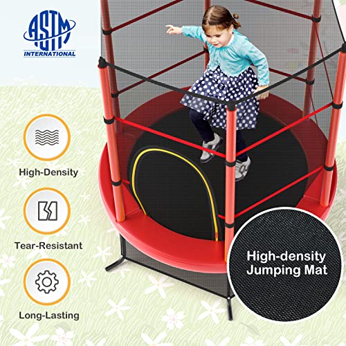 GYMAX Toddler Trampoline, 55” Trampoline for Kids with Bottom-to-Top All-Round Enclosure Net & Seamless Jumping Mat, ASTM Approved Easy Assembly Kids Mini Trampolines Indoor/Outdoor - color: Shine Red