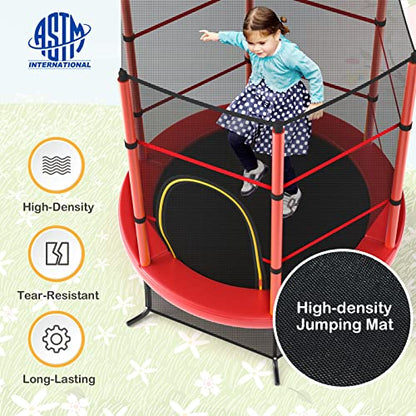 GYMAX Toddler Trampoline, 55” Trampoline for Kids with Bottom-to-Top All-Round Enclosure Net & Seamless Jumping Mat, ASTM Approved Easy Assembly Kids Mini Trampolines Indoor/Outdoor - color: Shine Red