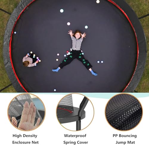1500 LBS 8FT 12FT 14FT 16FT Trampoline for Kids and Adults, Outdoor Trampoline with Enclosure Net, Sprinkler, Water Ball, Large Trampoline with Lights with Music Speaker, Socks - ASTM Approved - color: Black 16FT