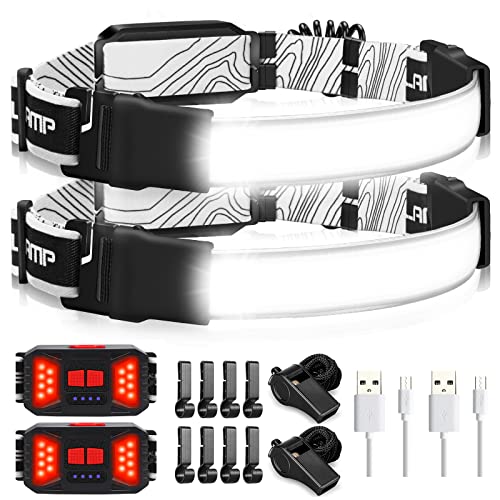 Adelante LED Headlamp Flashlight, 1000LM 230Wide-Beam USB Rechargeable Head Light with Taillight(Individual Control) & 8 Clips Waterproof Headlight Headlamps for Running and Camping (2 Pack, Black) - color: Black, size: 2 pack
