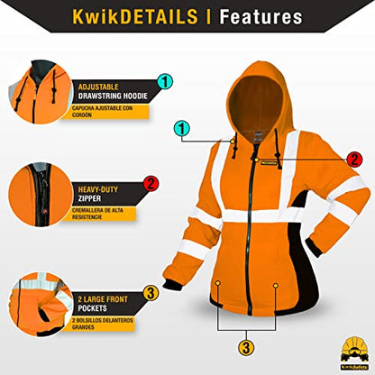 KwikSafety Women's Fleece Safety Hoodie Class 3 ANSI OSHA PPE - color: Orange, size: X-Small