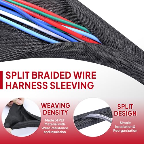 Black Split Braided Cable 1/2inch -12Feet Management Sleeves - size: 1/2"-12Feet