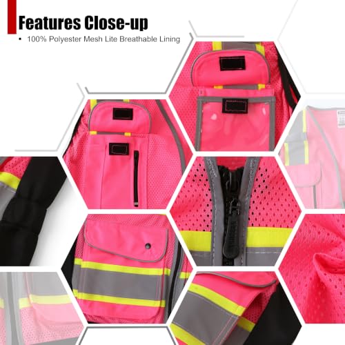 High Visibility Reflection Pink Mesh Safety Vests with 8 Pockets and Front Zipper, hi vis safety vest for Women(Pink-16,Medium) - color: Pink, size: Medium