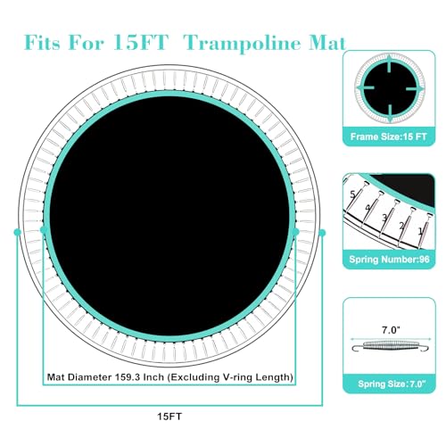 Trampoline Replacement Mat for 12/14/15FT Fit 72/84/96V Use 5.3-9.0 Springs - size: 15FT-96V-Rings-7.0"Spring-159.3" Diam