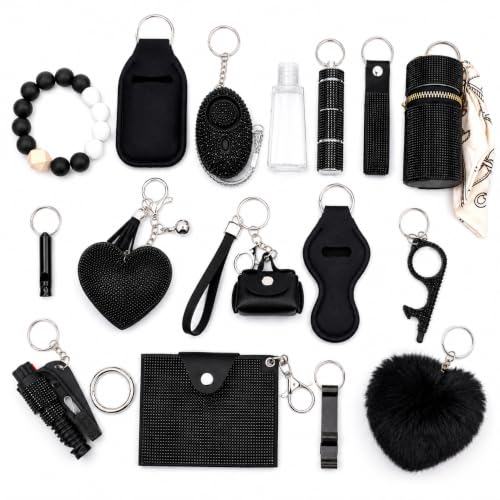 Personal Safety Keychain Set for Women, Self Defense Kit with 130DB Alarm, Wristlet, Emergency Tools - color: Black
