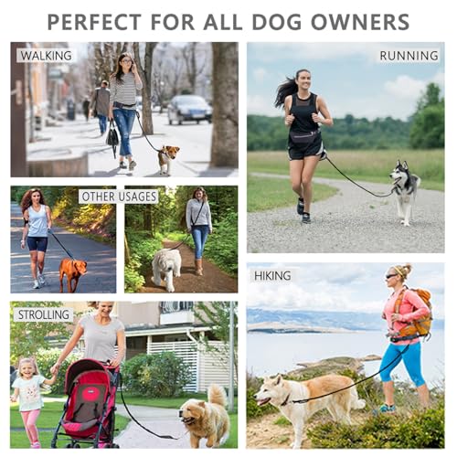 LANNEY Hands Free Dog Leash, Waist Running Leash with Zipper, Walking Pouch for Medium Large Dogs, Dual Handle and Retractable Bungee for Training Jogging Hiking(25-120 lbs, Grey) - color: Black/Grey