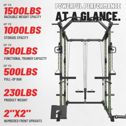 Mikolo Power Cage, Power Rack with Cable Crossover System, 1500LBS Squat Rack with LAT Pull Down System, Workout Cage with Pulley System for Fitness Home Gym - color: Green, style: Power Cage Only