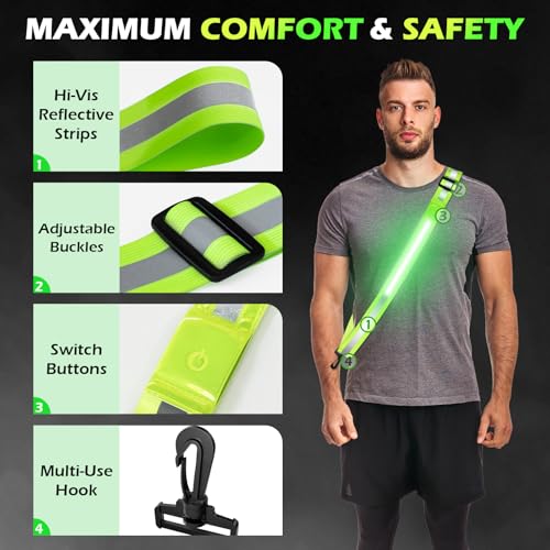 Rechargeable LED Reflective Belt Sash – High Visibility Safety Gear with 5 Colors 11 Light Modes, Adjustable Strap for Night Dog Walking, Running & Biking - color: Green
