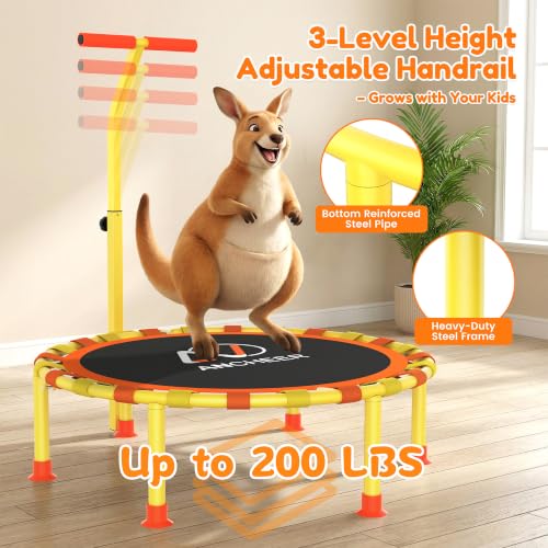 ANCHEER 38" Toddler Trampoline for Kids, ASTM Certified Foldable Mini Trampoline with Adjustable Foam Handle, Indoor & Outdoor Kids Trampoline, Quiet Design, 200 LBS Capacity, Easy Assembly - color: Lemon Yellow
