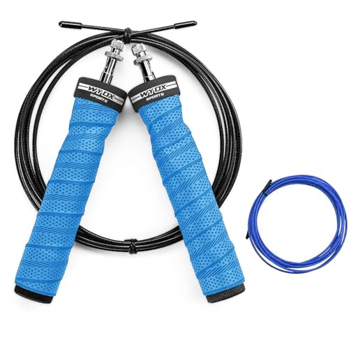 WYOX Weighted Jump Rope Adjustable Skipping Rope for Men & Women Dual Cable System with Thick & Light Cable Perfect for Double Unders, Boxing, CrossFit, Cardio, Endurance, and Fitness Training - color: Blue