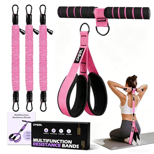 Multifunctional Portable Pedal Resistance Band with Handle for Women - 3 Adjustable Tubes for Core(30/40/50LB), Abs, Arm & Leg Workouts | Home Gym Equipment - color: Pink