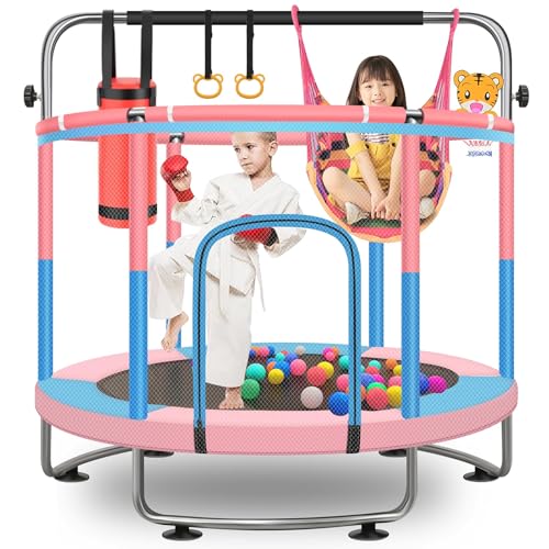 60" Trampoline for Kids with Net, 880lbs Capacity Indoor & Outdoor Kids Trampoline with Adjustable Gymnastics Bar & Toys, Toddler Trampoline for Kids 3-10 Boys & Girls - color: Pink/Blue