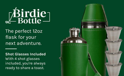 12oz Green Flask with 4 Shot Glasses for Sharing – Stainless Steel with Waterproof Leather Case, Leakproof, Great Gift Idea, Reusable - color: Green, size: 12oz Standard