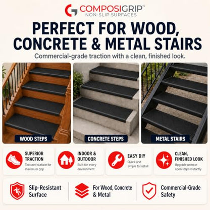 2 Pack ComposiGrip Non-Slip Stair Treads – Black Heavy Duty Anti-Slip Covers for Concrete, Wood & Metal – Commercial Grade, Weather-Ready for Ice, Snow & Outdoor Use