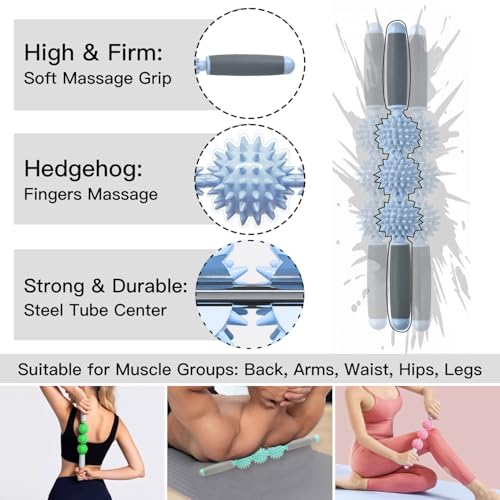 Fascia Muscle Roller, Cellulite Massager Fascia Roller for Cellulite and Sore Muscles, Neck, Leg, Back, Pressure Trigger Point Body Roller Deep Tissue Massage Stick Tools - 3 Massage Balls | Blue - color: Wathet Blue