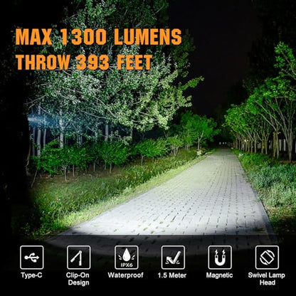 VTIGER C1 Rechargeable EDC Flashlight Clip-on Light, 1300 Lumens Powerful Portable Mini Swivel Clip Light,Multi-Mode,IPX6 Waterproof, Magnetic Small Pocket Lights for Cycling,Working,Emergency,Signal - color: Black