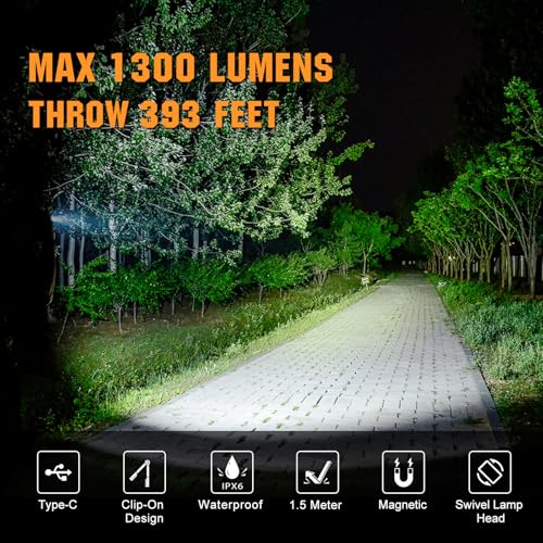 VTIGER C1 Rechargeable EDC Flashlight Clip-on Light, 1300 Lumens Powerful Portable Mini Swivel Clip Light,Multi-Mode,IPX6 Waterproof, Magnetic Small Pocket Lights for Cycling,Working,Emergency,Signal - color: OD Green