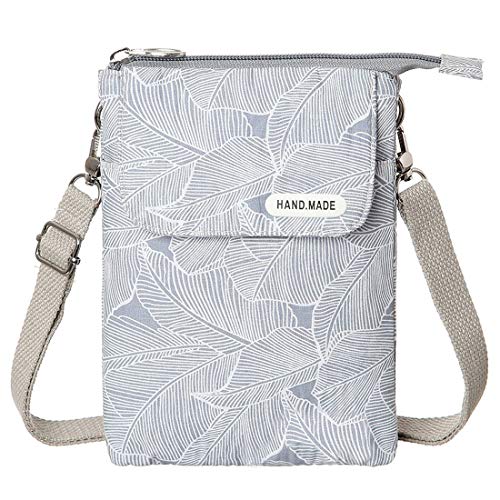 LassZone Canvas Cute Crossbody Bags for Women Mini Shoulder Handbag Cell Phone Purse Wallet Leaves Pattern Coin Pouch - color: Light Grey