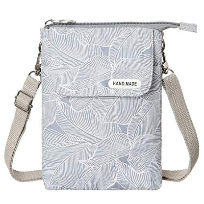 LassZone Canvas Cute Crossbody Bags for Women Mini Shoulder Handbag Cell Phone Purse Wallet Leaves Pattern Coin Pouch - color: Light Grey