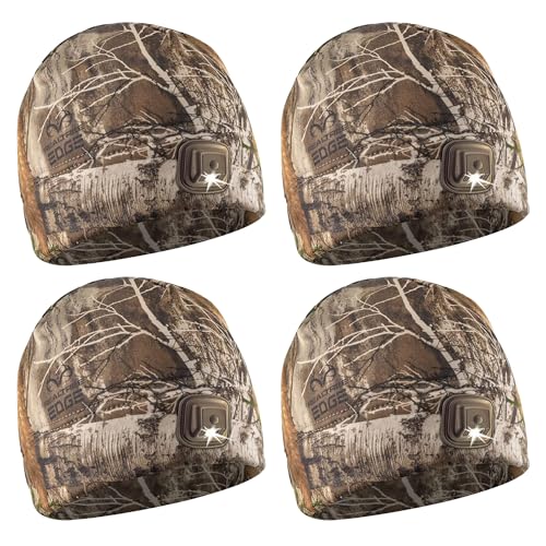 POWERCAP LED Hat Light 150 Lumens Rechargeable Fleece Beanie with Bright Built-in Headlamp Waterproof LED Warm One Size Cap - color: 4-pack Realtree Edge Camo