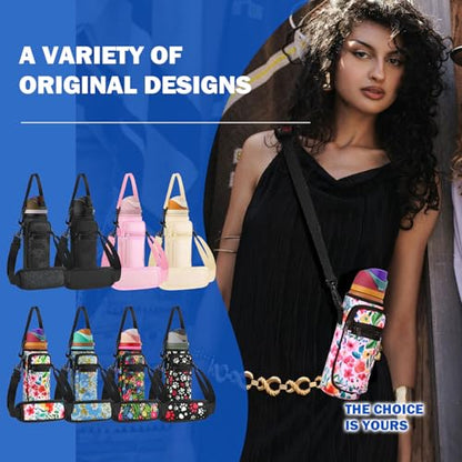 Neoprene Water Bottle Holder Bag with Cell Phone Pocket Compatible with Owala FreeSip 24 oz，Water Bottle Carrying Bag ，with Adjustable Shoulder Strap,for 24oz Stainless Steel Water Bottle - color: Pink Flower