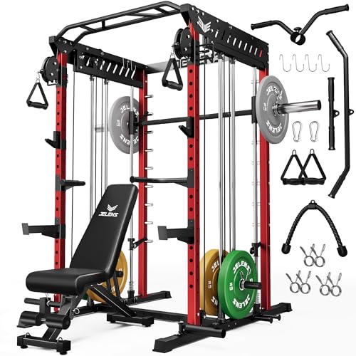 JELENS M21 Smith Machine, Multi-Function Power Cage with Dual Pulley Cable Crossover System, 2000LBS All-in-One Squat Rack with Smith Bar and Attachments - color: Red, size: 140LB Colored Weights Package